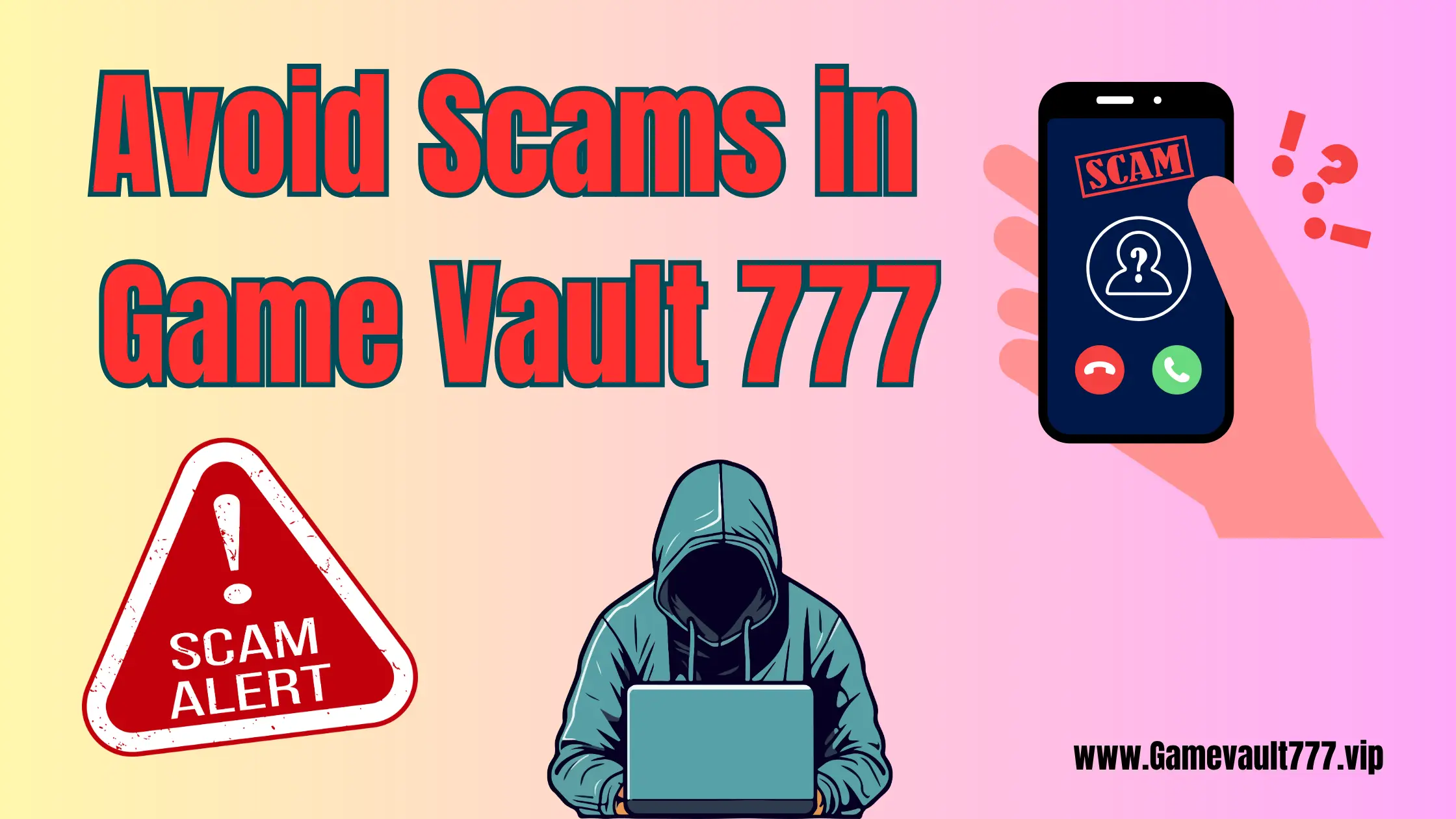 Player reviews a warning about a fake “GameVault VIP agent” DM on a phone while the laptop shows the official support page, highlighting phishing red flags.