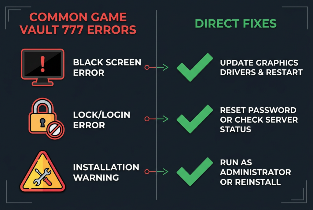 Game Vault 777 common error types and fixes — black screen, login error, install error